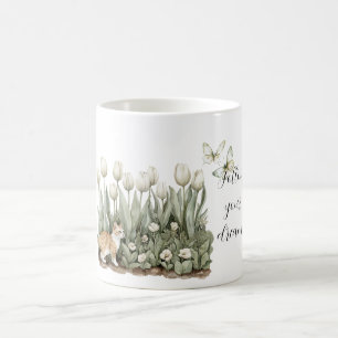 Taza De Café Gato Tulipanes Flores Menta Blanca Mariposas