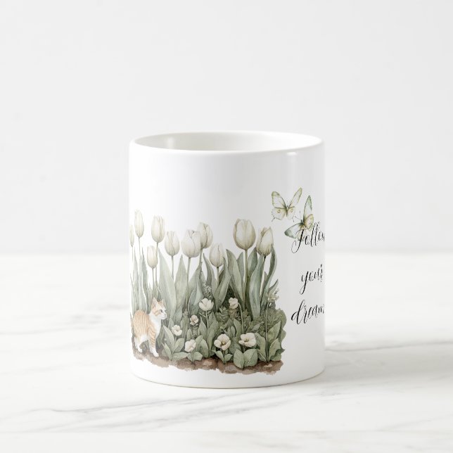 Taza De Café Gato Tulipanes Flores Menta Blanca Mariposas (Centro)