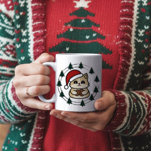 Taza De Café Gato usando Navidades gorra con árboles de Navidad