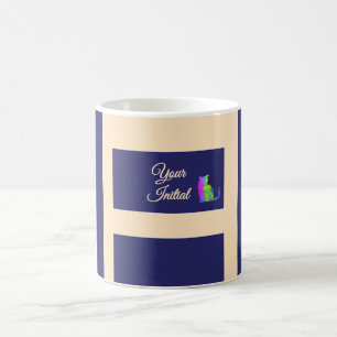 Taza De Café Gato Verde Azul Oscuro + Rayas de Crema