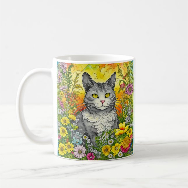 Taza De Café Gato y flores caprichosas personalizadas (Izquierda)