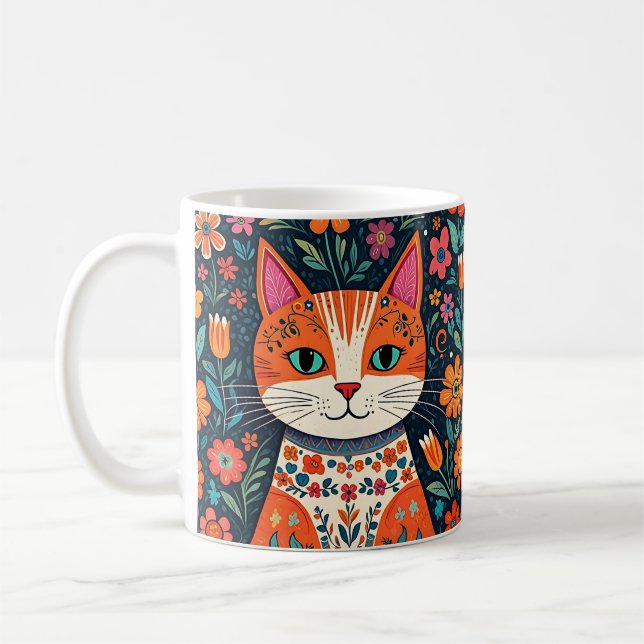 Taza De Café Gato y flores de arte folclórico caprichosos (Izquierda)