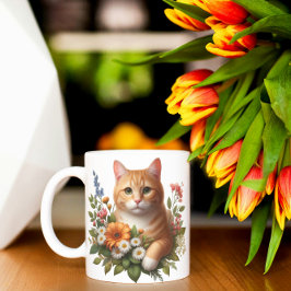 Taza De Café Gato y flores en acuarela