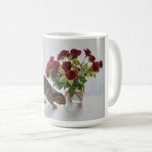 Taza De Café Gato y Rosas Rojas – Impresión de Pintura al Óleo
