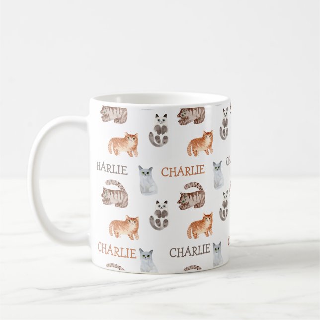 Taza De Café Gatos acuarela Gatito con nombre Diseño Neutral (Izquierda)