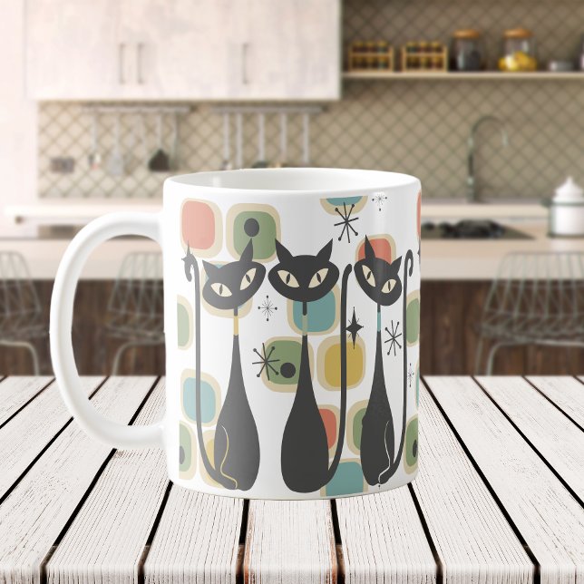 Taza De Café Gatos atómicos negros retro de mediados del siglo (Retro Mid Century Black Atomic Cats Coffee Mug)
