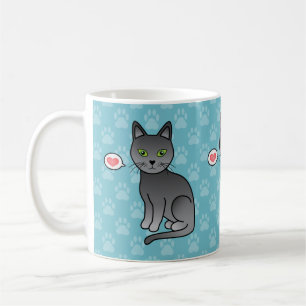 Taza De Café Gatos Azules Rusos Con Corazones Sobre Fondo Azul