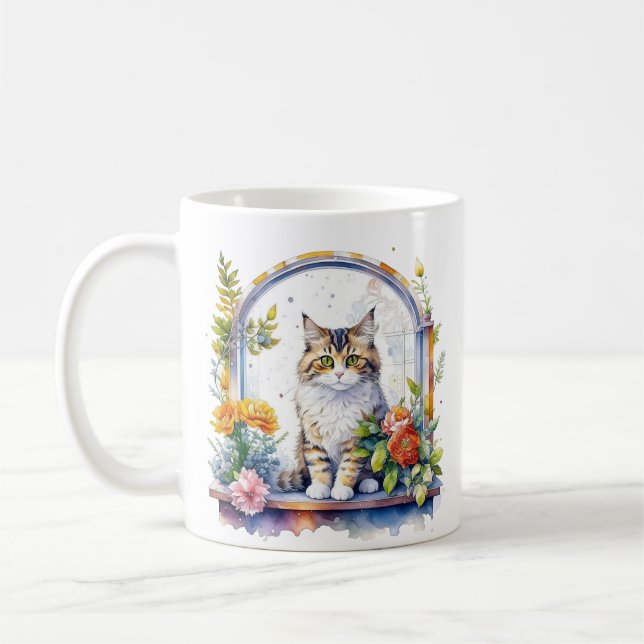 Taza De Café Gatos cortos en la ventana de flores (Izquierda)
