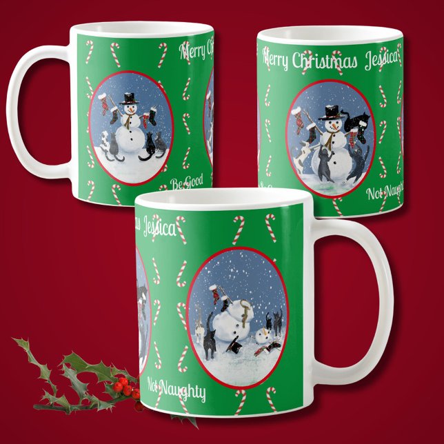 Taza De Café Gatos divertidos y relatos de Snowman personalizad (A winters story of curious cats and a snowman in 3 vintage ovals. Perfect convo starter)