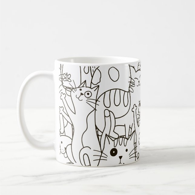 Taza De Café Gatos Doodle: blanco y negro. (Izquierda)