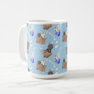 Taza De Café Gatos en caja y gotas de leche en azul