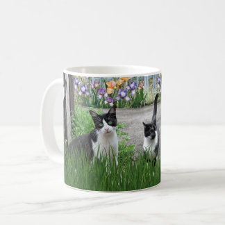 Taza De Café Gatos jugando en un jardín de flores