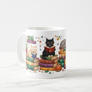 Taza De Café Gatos leyendo libros escena de biblioteca acogedor