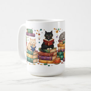Taza De Café Gatos leyendo libros escena de biblioteca acogedor