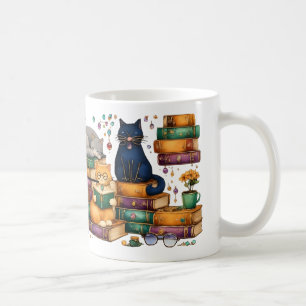 Taza De Café Gatos leyendo libros escena de biblioteca acogedor