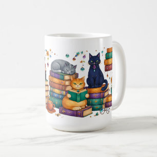 Taza De Café Gatos leyendo libros escena de biblioteca acogedor