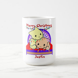 Taza De Café Gatos navidades en la cama, nombre personalizado