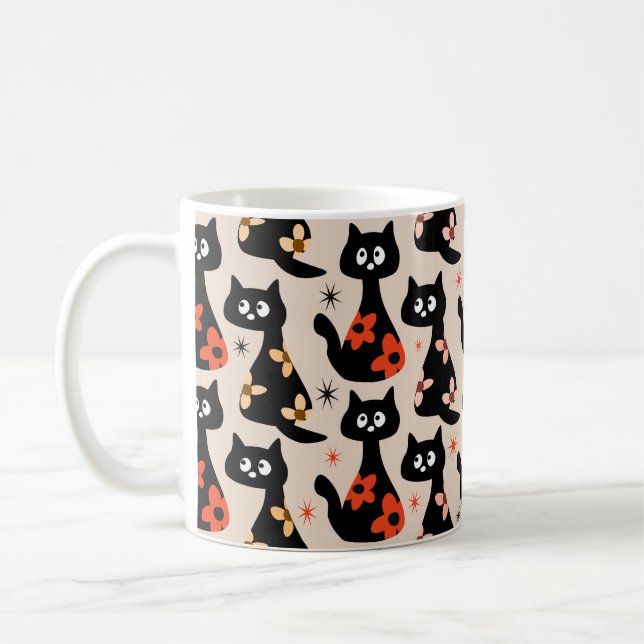 Taza De Café Gatos negros con flor retro (beige suave) (Izquierda)