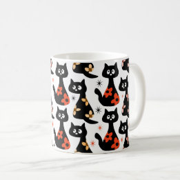 Taza De Café Gatos negros con flor retro (blanco)
