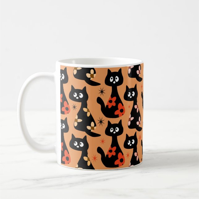 Taza De Café Gatos negros con flor retro (Naranja) (Izquierda)
