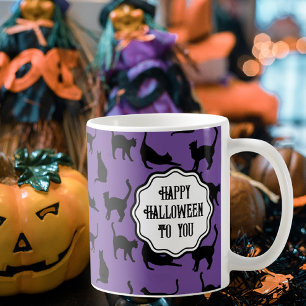 Taza De Café Gatos negros de Halloween púrpura y espeluznantes