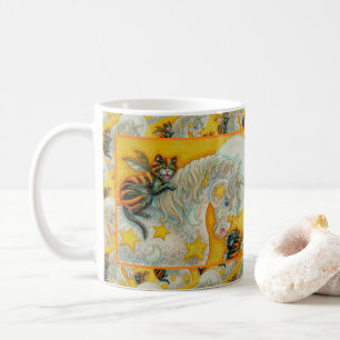 TAZA DE CAFÉ GATOS NEGROS EN LLAMAS CON UNICORNIO DE HALLOWEEN