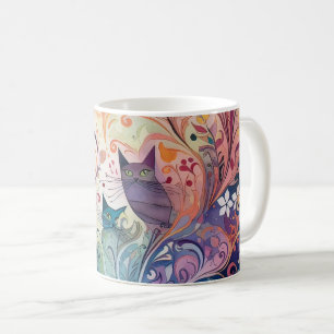 Taza De Café Gatos psicodélicos flores de color energético