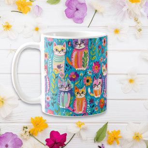 Taza De Café Gatos y flores coloridas cumpleaños suntuoso