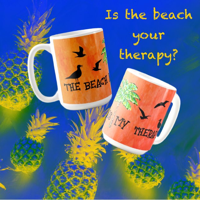 Taza De Café Gaviotas de palmeras tropicales para la terapia de (Fun retro colorful design on this mug says "the beach is my therapy". )