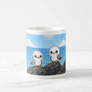 Taza De Café Gaviotas kawaii en la Roca frente al mar