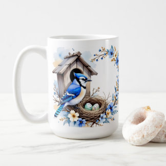 Taza De Café Geai bleu sur nichoir – Illustration florale paste