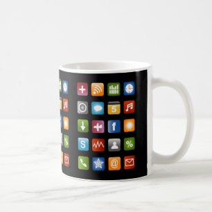 Taza de café geek con iconos de aplicaciones de re