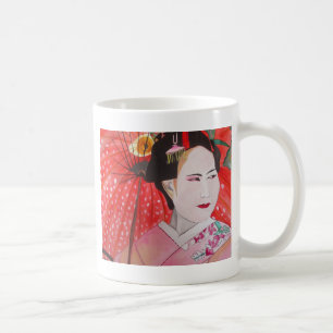 Taza De Café Geisha japonesa con paraguas rojos arte original