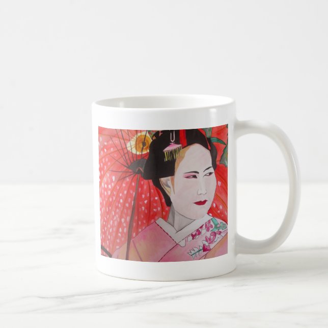 Taza De Café Geisha japonesa con paraguas rojos arte original (Derecha)