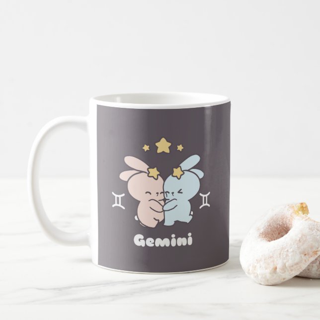 Taza De Café Gemini Bunnies Cuddle - Armonía Zodiaca (Con donut)