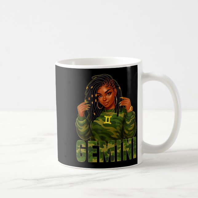 Taza De Café Gemini Queen Loc'd Black Woman Camo Zodiac Sign  (Derecha)