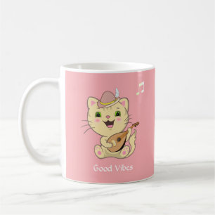 Taza De Café Gengibre musical feliz con gato sobre rosa claro