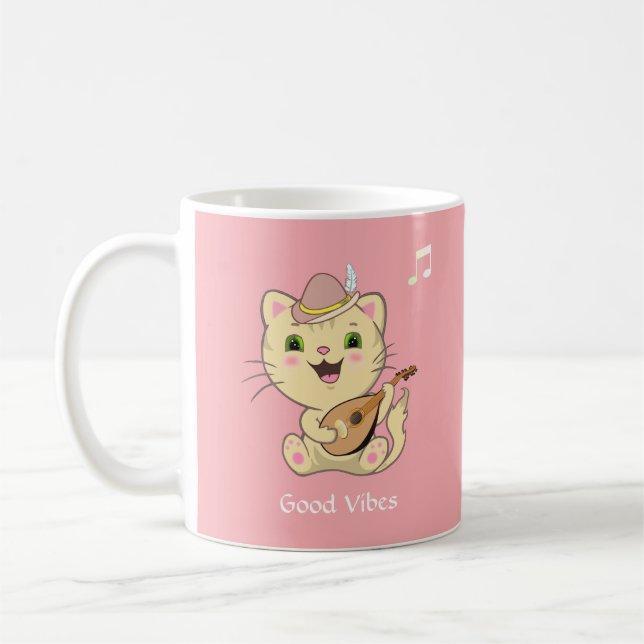 Taza De Café Gengibre musical feliz con gato sobre rosa claro (Izquierda)