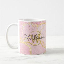 Taza De Café Geoda de Ágata Rosa Monograma en Oro Nombre en Let