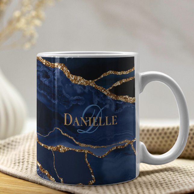 Taza De Café Geode monograma moderno de la Marina Blue Agate (Subido por el creador)