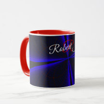 Taza de café geométrica con trébol acentuado en az