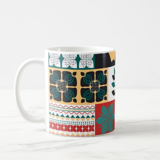 Taza De Café Geométrica Mexicana: Ornamento Verde Rojo. (Izquierda)