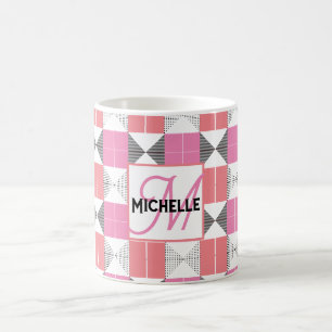 Taza De Café Geométrico moderno rosa y negro con monograma
