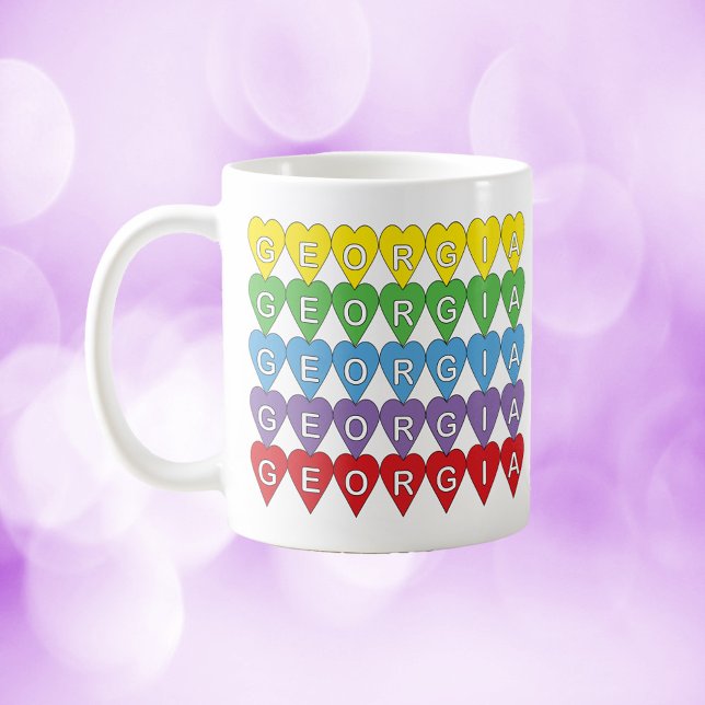 Taza De Café Georgia Heart Pattern Rainbow (A mug that says Georgia inside colorful hearts!)