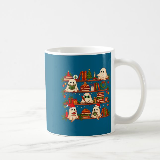 Taza De Café Ghost Christmas Hat Reading Book Bookshelf Lover L (Derecha)