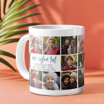 Taza De Café Gigante 10 Borde fotográfico con centro de texto - gris Ve<br><div class="desc">Utilice fotos de 10 cuadrados y haga un regalo único con un tipo de letra de guión moderno en un color verde azulado. Las fotos bordean el texto y resaltan fotos de familiares y amigos. El collage se repite en ambos lados para que el usuario pueda ver las fotos desde...</div>