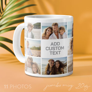 Taza De Café Gigante 11 Collage de Fotos - Gris y Blanco con Texto