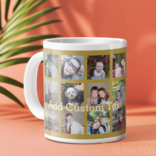 Taza De Café Gigante 12 Colaje de Fotos con Fondo Dorado