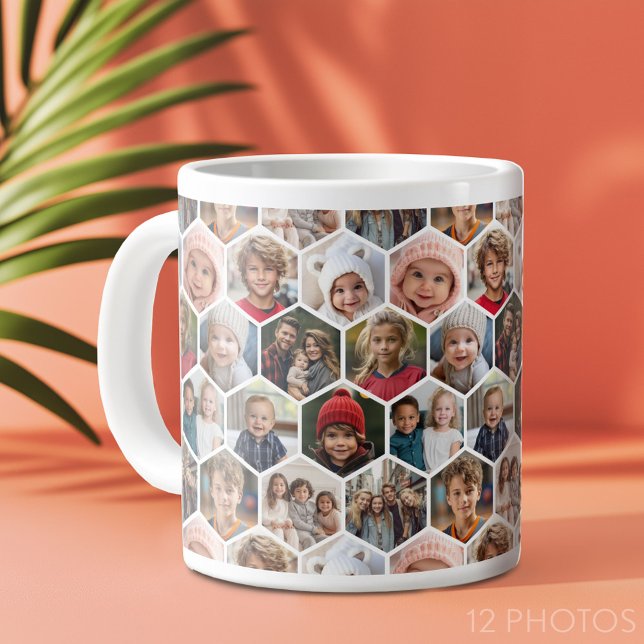 Taza De Café Gigante 12 Collage de fotos - patrón hexágono funky (12 photo personalized coffee mug)