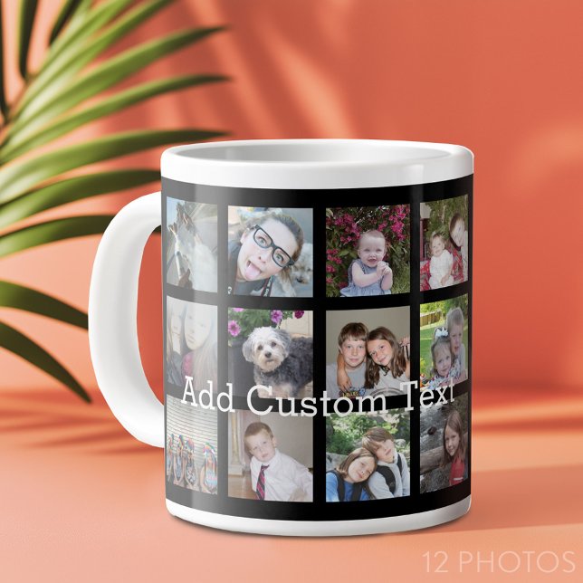 Taza De Café Gigante 12 foto de Instagram Collage con fondo negro (12 photo personalized coffee mug)
